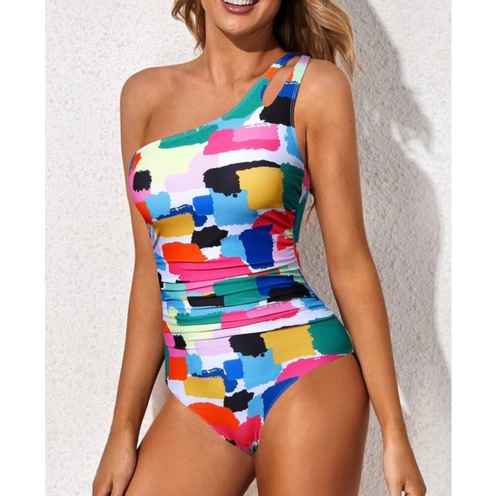 Holipick Women Colorblock One Shoulder Swimsuit Tummy Control Sz XS NWT